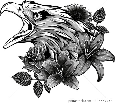 Vector illustration of monochrome eagle head with flower Vector illustration of monochrome eagle head with flower 114557732