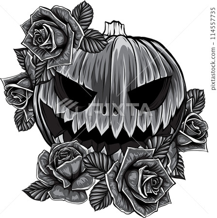 vector monochrome Pumpkin with Roses Distressed Halloween vector monochrome Pumpkin with Roses Distressed Halloween 114557735