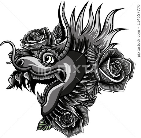 vector illustration of Monochrome Japanese head Dragon with roses 114557770