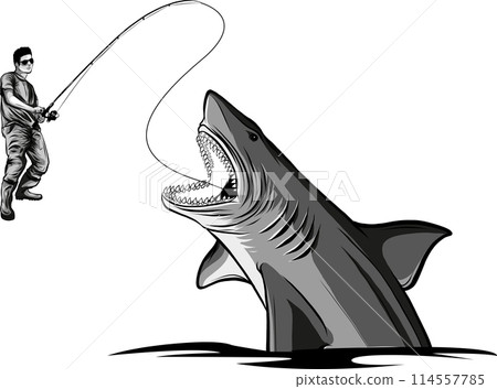 monochrome Fishing label with a shark and a fisherman in a boat.All elements editable. monochrome Fishing label with a shark and a fisherman in a boat.All elements editable. 114557785