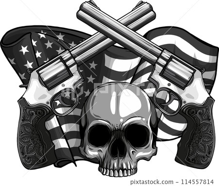 vector illustration of Monochrome skull with two revolvers and usa flag vector illustration of Monochrome skull with two revolvers and usa flag 114557814