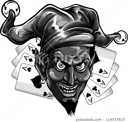 vector illustration of Monochrome Jester s mask with cards vector illustration of Monochrome Jester s mask with cards 114557815