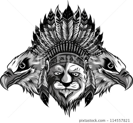 vector illustration of a hungry leopard style doodle art in the image of Indian with feathers vector illustration of a hungry leopard style doodle art in the image of Indian with feathers 114557821