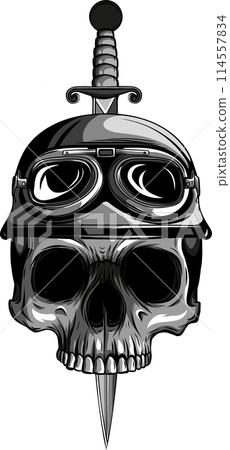 monochrome paratrooper skull with knife in teeth. Design element for logo, label, sign, emblem. Vector illustration 114557834