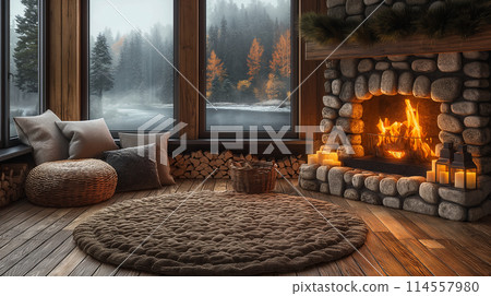 A living room with a fireplace 114557980