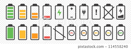 Flat Vector Battery Icons Set. Different Level of Charge. Car or Phone Battery Indicator, Device Battery Charge Signs. Wireless Charging Energy Symbols. Vector Illustration 114558240