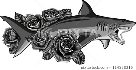 vector monochrome shark with roses and leaves vector monochrome shark with roses and leaves 114558316