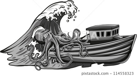 ship and octopus at the sea. Nautical wanderlust and adventure illustration. Ocean devilfish ship and octopus at the sea. Nautical wanderlust and adventure illustration. Ocean devilfish 114558323