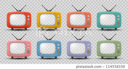 Vector 3d Vintage TV Set Icon Set. Retro TV Icons with Transparent Screen, Design Template, Clipart. Retro TV Symbol for Web, Logo, App, UI 114558330