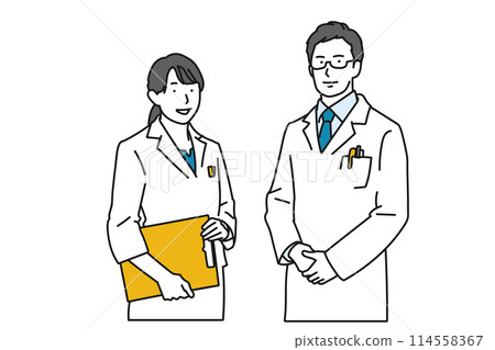 Illustration of male and female doctors in white coats 114558367