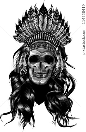 Indian skull with headdress of feathers. The leader of a tribe of Indians. Totem. Line art. Black and white drawing by hand. Indian skull with headdress of feathers. The leader of a tribe of Indians. Totem. Line art. Black and white drawing by hand. 114558419