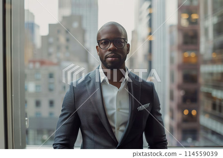 A confident black male executive in a suit stands before a cityscape window 114559039