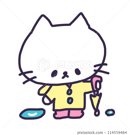An illustration of a cute white kitten wearing a raincoat and holding an umbrella 114559464