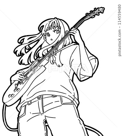 Illustration of a woman playing an electric guitar - Stock