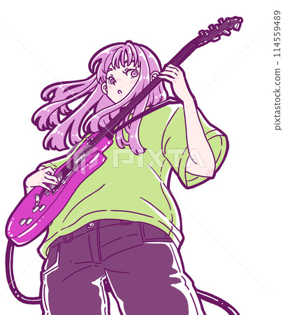 Illustration of a woman playing an electric guitar Illustration of a woman playing an electric guitar 114559489