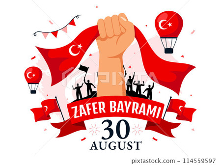 Zafer Bayrami Vector Illustration. Translation: August 30 Celebration of Victory and the National Day in Turkey. with Waving Flag in Flat Background 114559597
