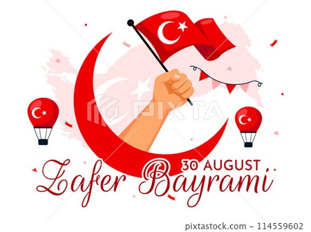 Zafer Bayrami Vector Illustration. Translation: August 30 Celebration of Victory and the National Day in Turkey. with Waving Flag in Flat Background 114559602