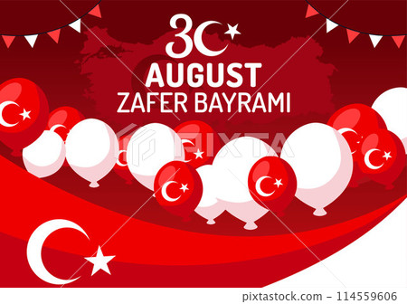 Zafer Bayrami Vector Illustration. Translation: August 30 Celebration of Victory and the National Day in Turkey. with Waving Flag in Flat Background Zafer Bayrami Vector Illustration. Translation: August 30 Celebration of Victory and the National Day in Turkey. with Waving Flag in Flat Background 114559606