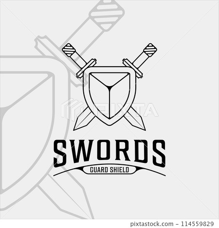 sword and shield logo line art simple minimalist vector illustration template icon graphic design. swords sign or symbol for company with backgrounds 114559829