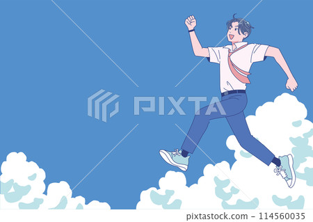 A male student jumping energetically into the summer sky 114560035