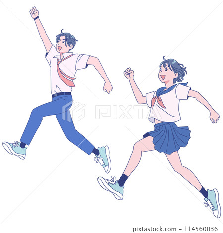 Male and female students in summer uniforms jumping energetically Male and female students in summer uniforms jumping energetically 114560036