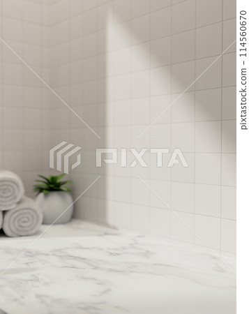 A space for showcasing products on a white marble bathroom tabletop against the white tile wall. 114560670