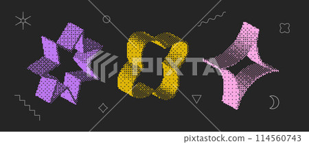 Bitmap textured shape set. Dither halftone objects collection. Colorful 3d flower, star, diamond elements for banner, poster, leaflet. Abstract pixelated raster effect bundle. Vector pack 114560743