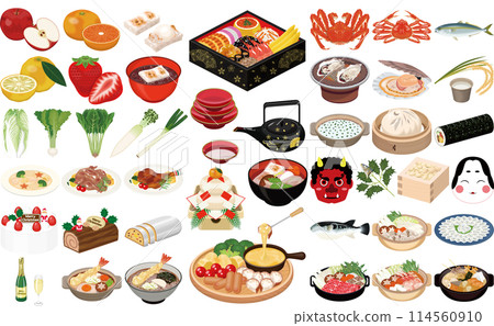 Winter flavors and cuisine icons ① (Osechi, Ozoni, Toshikoshi soba, roast chicken, Christmas cake) Winter flavors and cuisine icons ① (Osechi, Ozoni, Toshikoshi soba, roast chicken, Christmas cake) 114560910