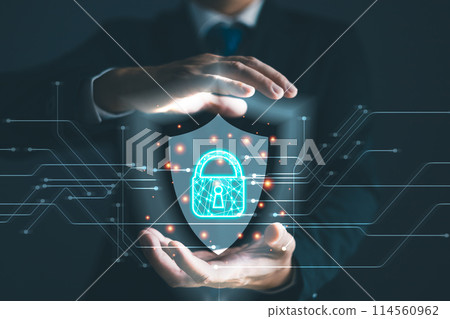 Businessmen protect personal data information from viruses on hand with virtual screen interfaces. Cyber security and privacy protection network security computer and safe data concept. Businessmen protect personal data information from viruses on hand with virtual screen interfaces. Cyber security and privacy protection network security computer and safe data concept. 114560962