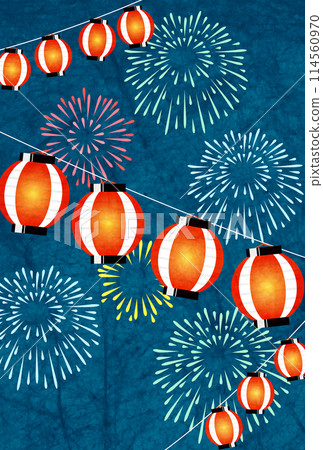 夏天的問候，燈籠，煙火，水彩，日式，和紙，可愛，插畫，背景，夜晚，垂直 114560970