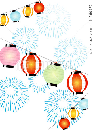 夏天的問候，燈籠，煙火，水彩，日式，和紙，可愛，插畫，背景，白天，垂直 114560972