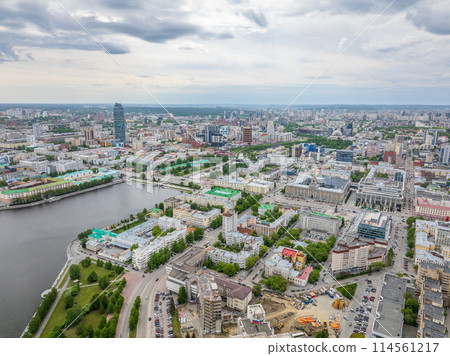 Embankment of the central pond and Plotinka. The historic center of the city of Yekaterinburg, Russia, Aerial View Embankment of the central pond and Plotinka. The historic center of the city of Yekaterinburg, Russia, Aerial View 114561217