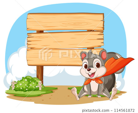 Cheerful Squirrel with Blank Wooden Sign Cheerful Squirrel with Blank Wooden Sign 114561872