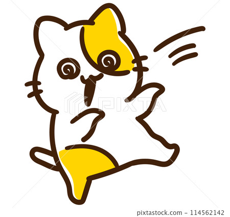 A comical illustration of a cute cat character staggering and falling over 114562142