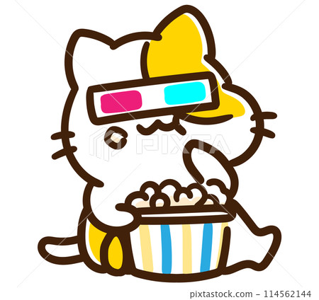 A deformed illustration of a cute cat character eating popcorn while wearing 3D glasses 114562144