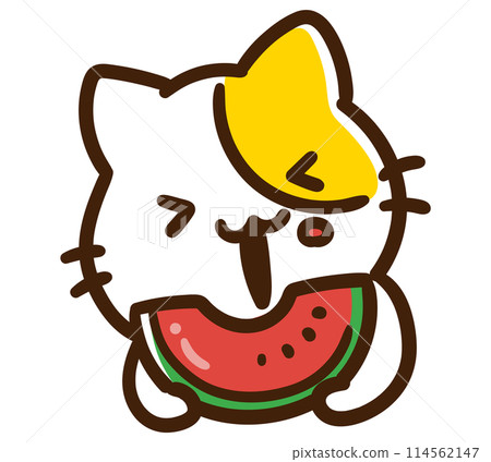 一隻可愛的貓角色快樂地吃西瓜的變形插圖 114562147