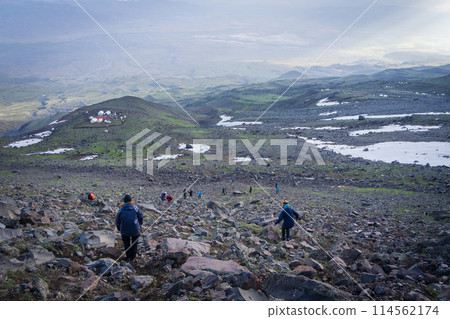 Hikers descending to the mountain camp just before sunset, Mount Ararat in Turkey 114562174