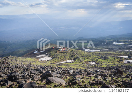 View on a mountain tent camp set in the middle of highlands landscape, Mount Ararat in Turkey 114562177