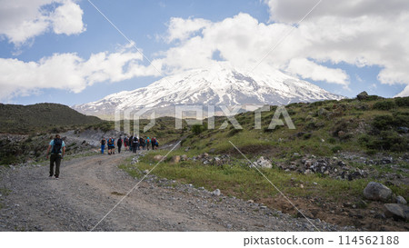 Hikers walking to the basecamp with huge snowy mountain summit in backdrop, Mount Ararat in Turkey 114562188