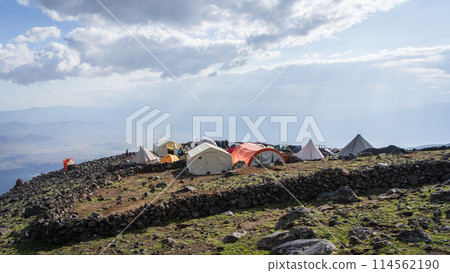 Tent camp site located on the mountain for mountaineers, Mount Ararat in Turkey 114562190