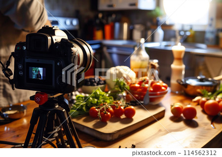 Man Taking Picture of Vegetables in Kitchen 114562312