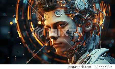 Connection male human and artificial intelligence robot. The concept of merging a person and a computer with neural networks in the future. AI generated 114563047