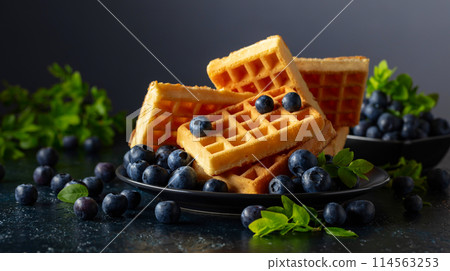Belgian waffles with fresh blueberries on a black plate. Belgian waffles with fresh blueberries on a black plate. 114563253