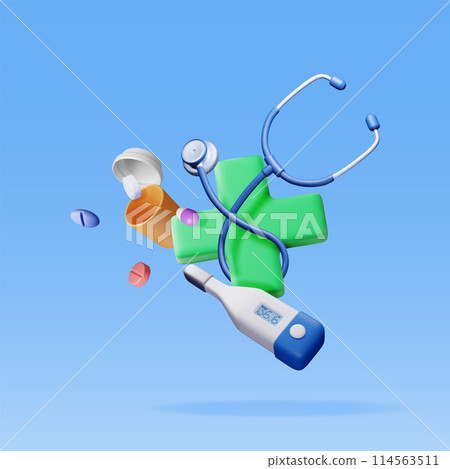 3d first aid kit with stethoscope, thermometer 114563511