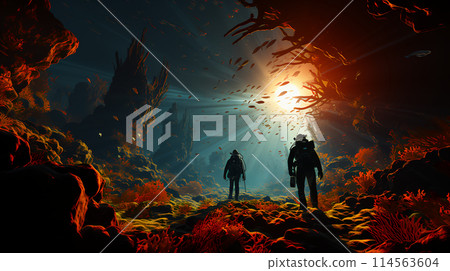 Scuba divers swim underwater with fish. non-existent person. AI generated Scuba divers swim underwater with fish. non-existent person. AI generated 114563604