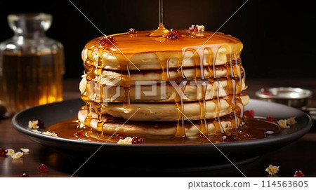 Delicious pancakes for breakfast with honey and berries. AI generated 114563605