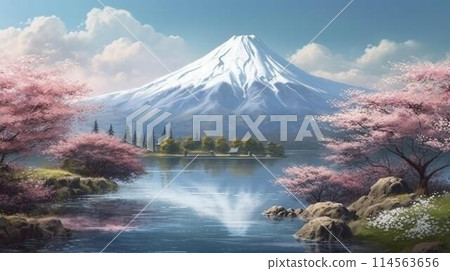 A large mountain with a snow cap at the top in japan with cherry blossoms in the background of a cystic lake landscape. AI generated 114563656