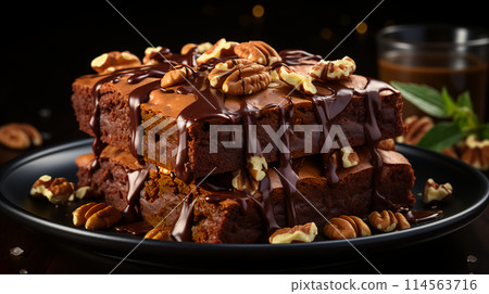 Delicious fresh chocolate brownie cake covered with chocolate delicious in a cafe or bakery on a white plate. AI generated 114563716