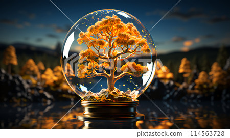 Green trees and plants in the glass sphere of a light bulb. The concept of green environmentally friendly alternative energy and ecology. AI generated 114563728
