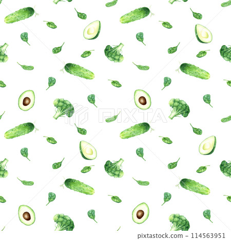 Seamless pattern with green healthy plants broccoli, spinach and avocado. Hand drawn watercolor illustration for wrapping wallpaper fabric textile Seamless pattern with green healthy plants broccoli, spinach and avocado. Hand drawn watercolor illustration for wrapping wallpaper fabric textile 114563951